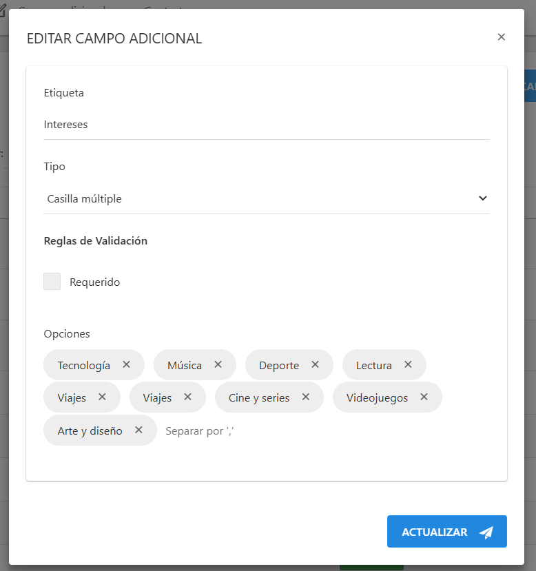 Formulario para editar un campo adicional de contacto
