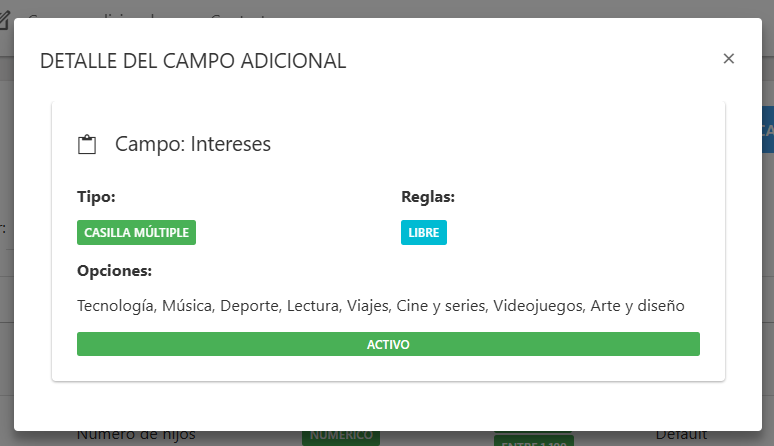 Ver formulario campo adicional de contacto