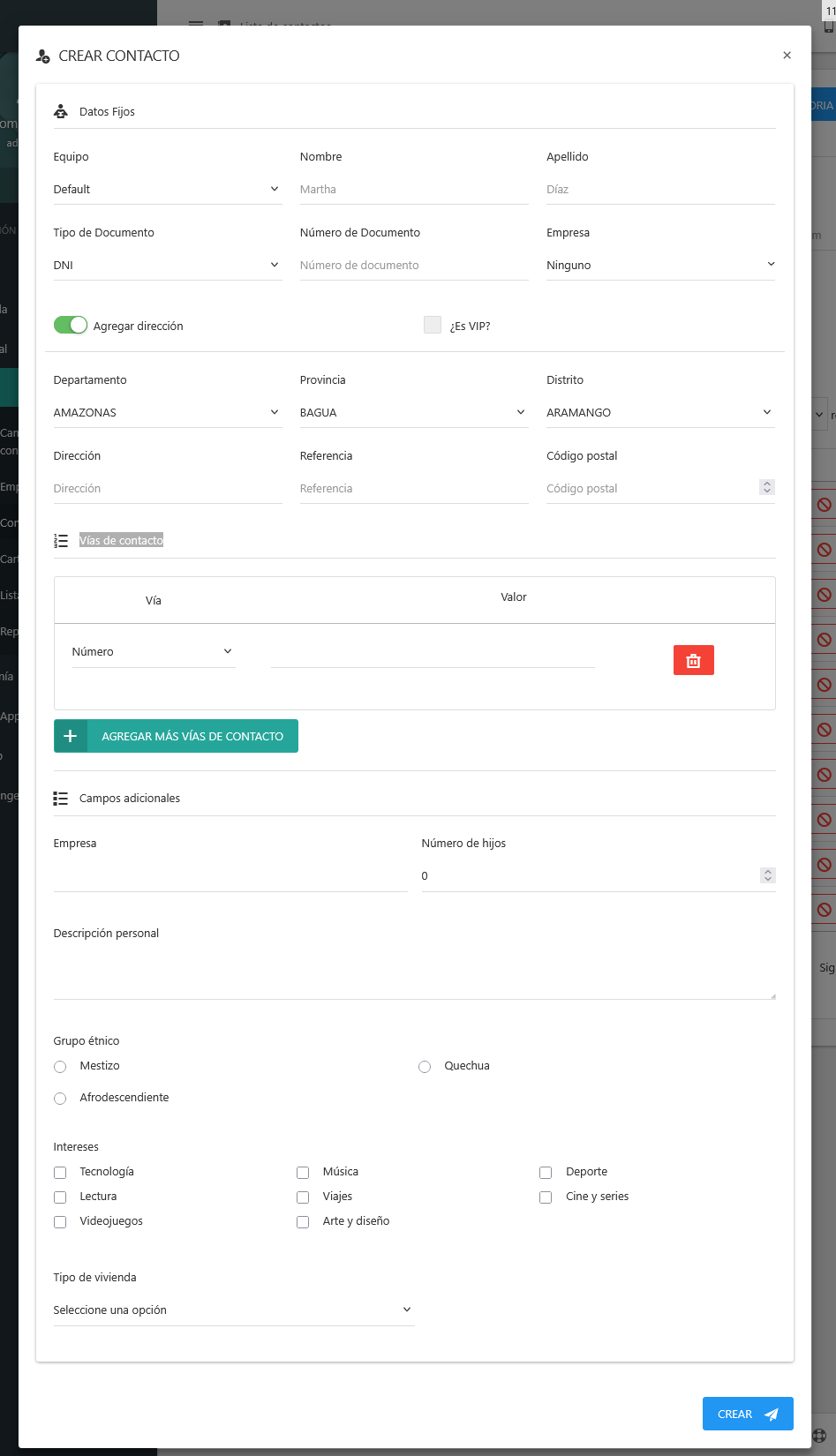 Crear contacto form