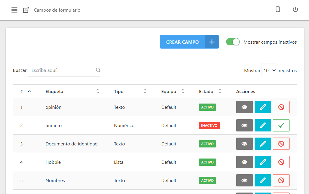 Campos formulario inactivos y activos