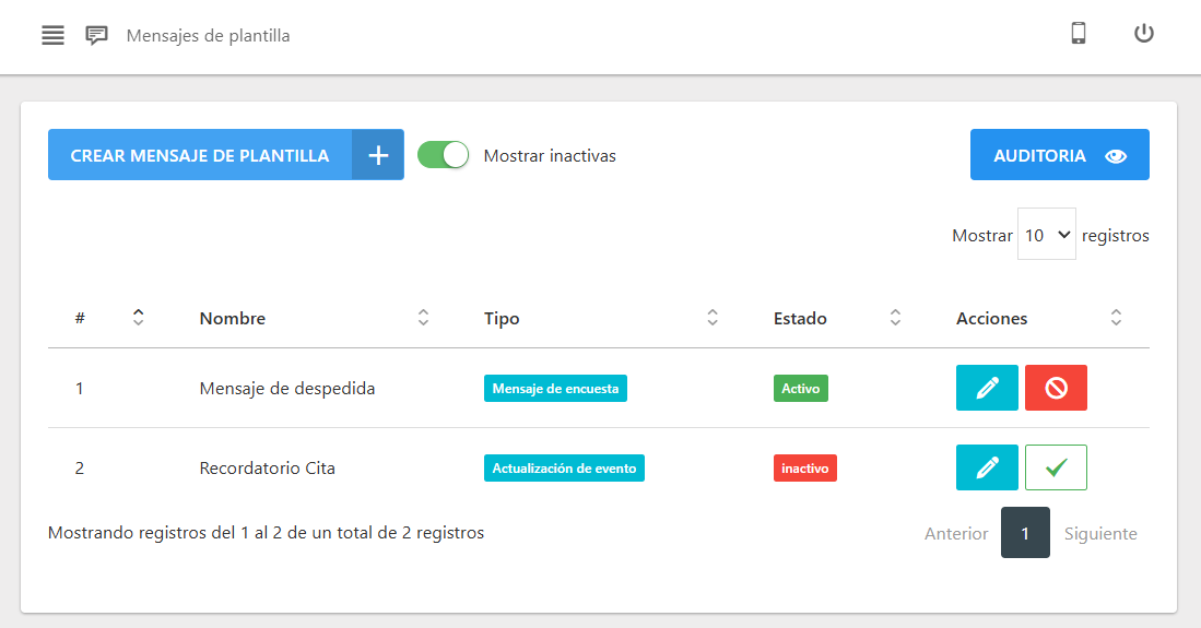 Mensajes de plantilla inactivos y activos