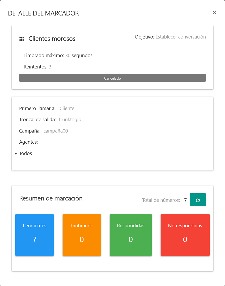 Ventana de Detalle del Marcador, mostrando el resumen de marcación y la configuración.