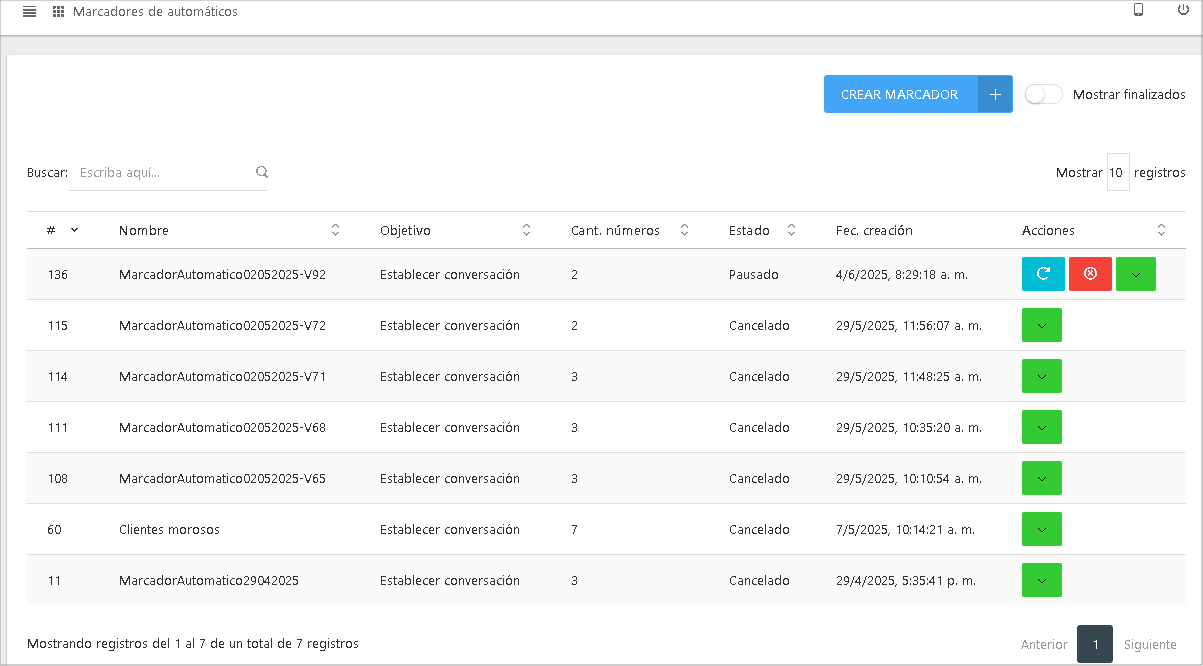 Pantalla principal de Marcadores Automáticos, mostrando una lista de campañas con su estado de ejecución.