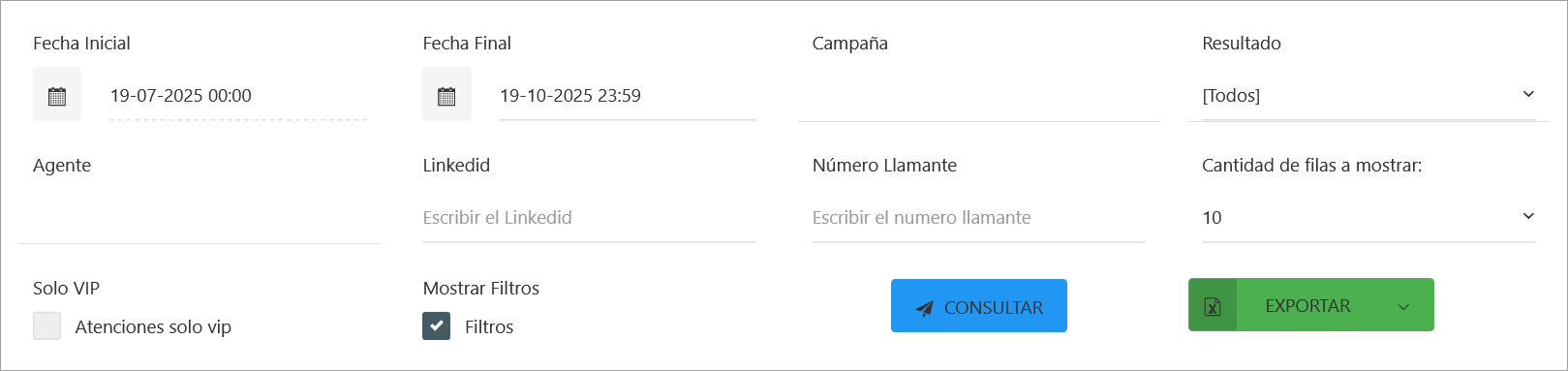 Sección de filtros del reporte.