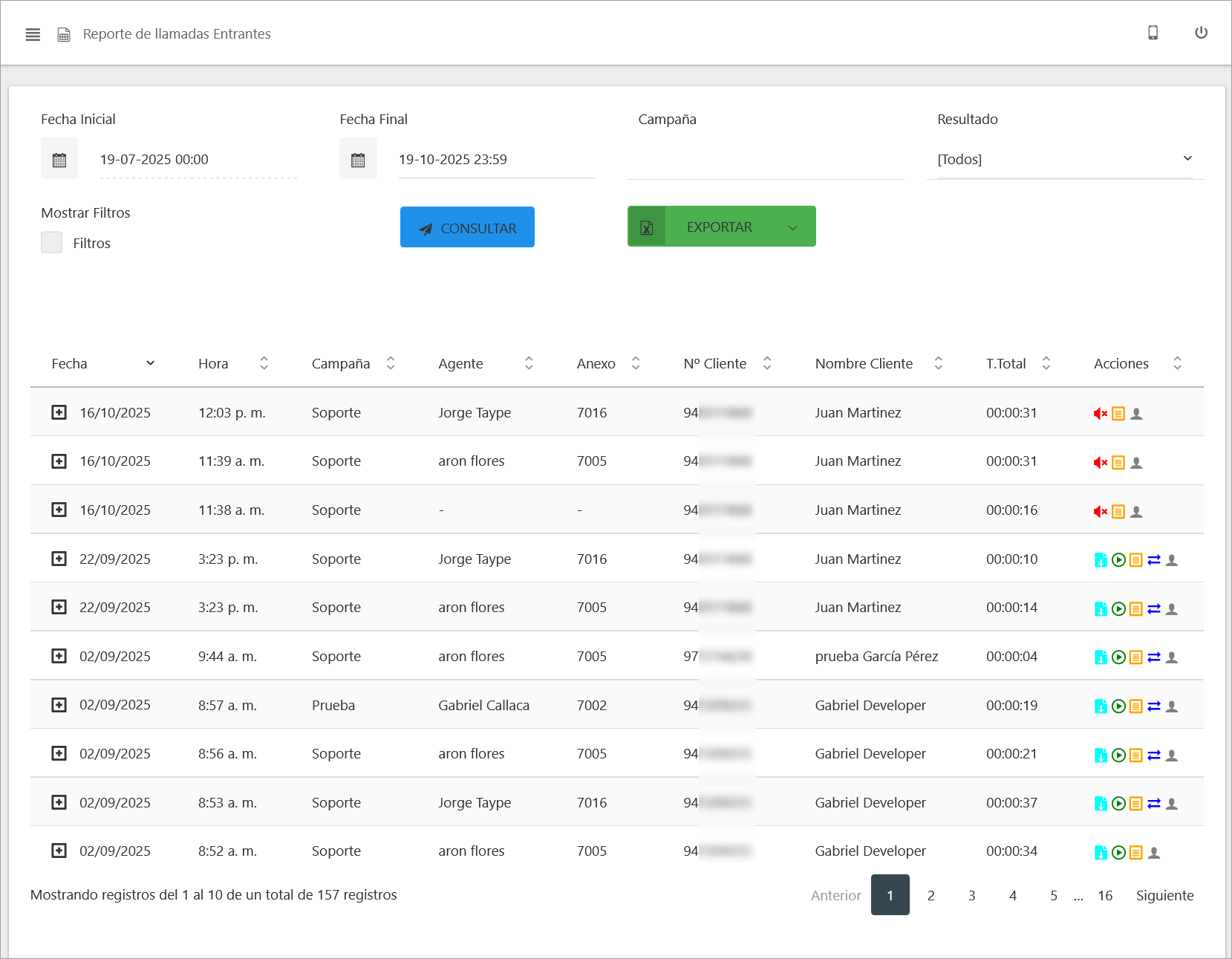 Reporte de llamadas Entrantes