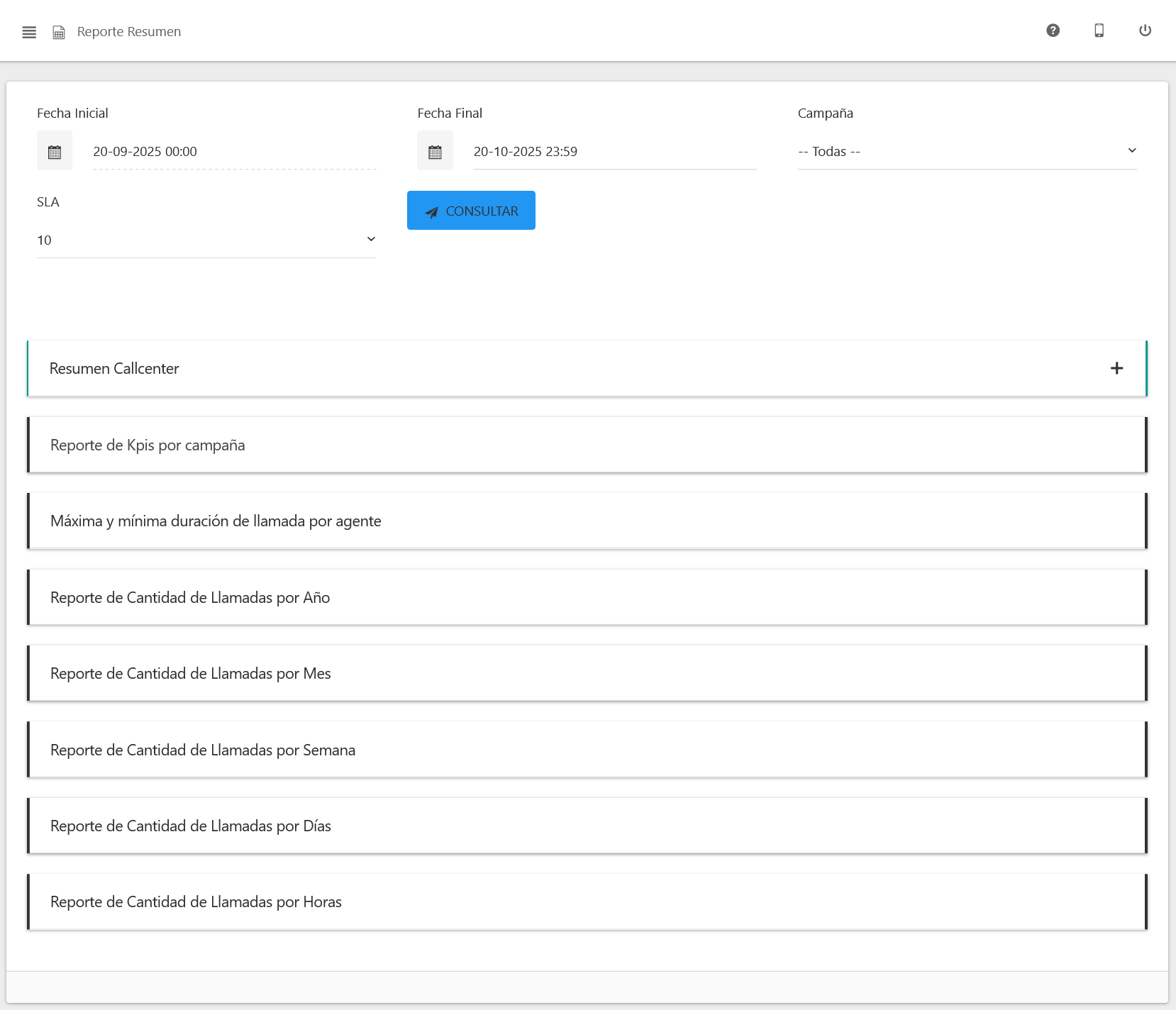 Vista principal del Reporte Resumen de Llamadas Entrantes.