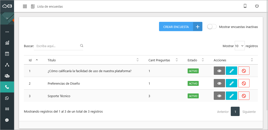 Pantalla principal del módulo de Encuestas, mostrando una lista de las encuestas creadas.