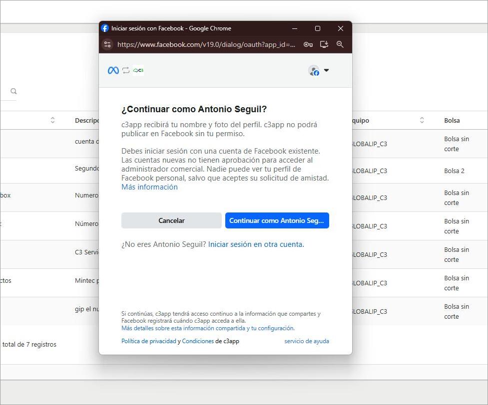 Paso 3: Confirmación de identidad del perfil de Facebook.