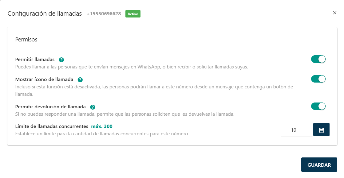 Vista de Configuración de Llamadas de WhatsApp.