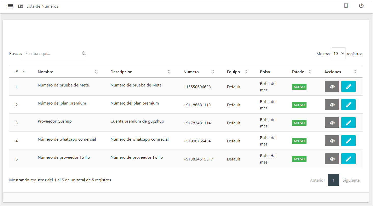 Vista principal de la Lista de Números de WhatsApp en C3.