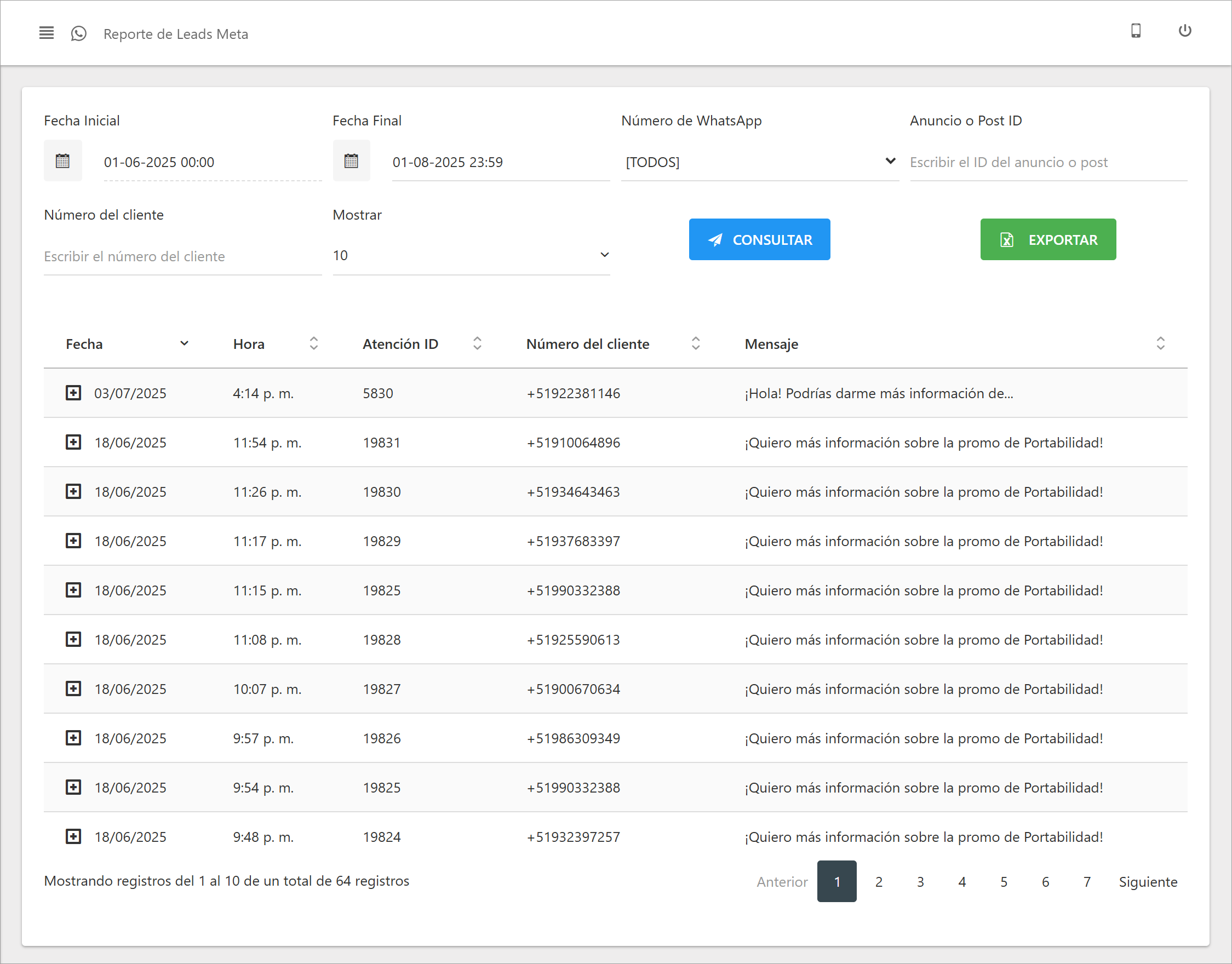 Vista principal del Reporte de Leads Meta.