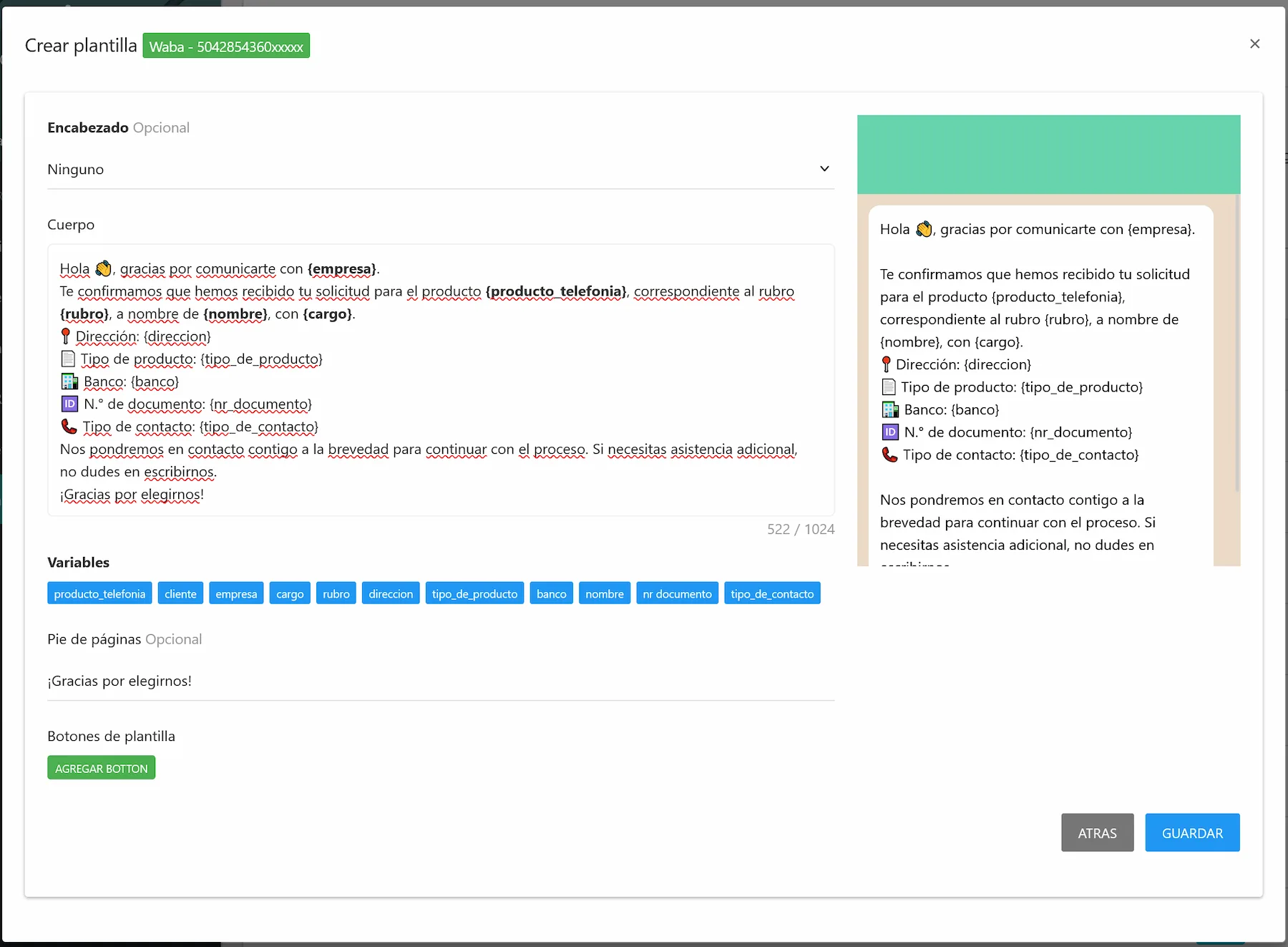 Crear mensaje de plantilla