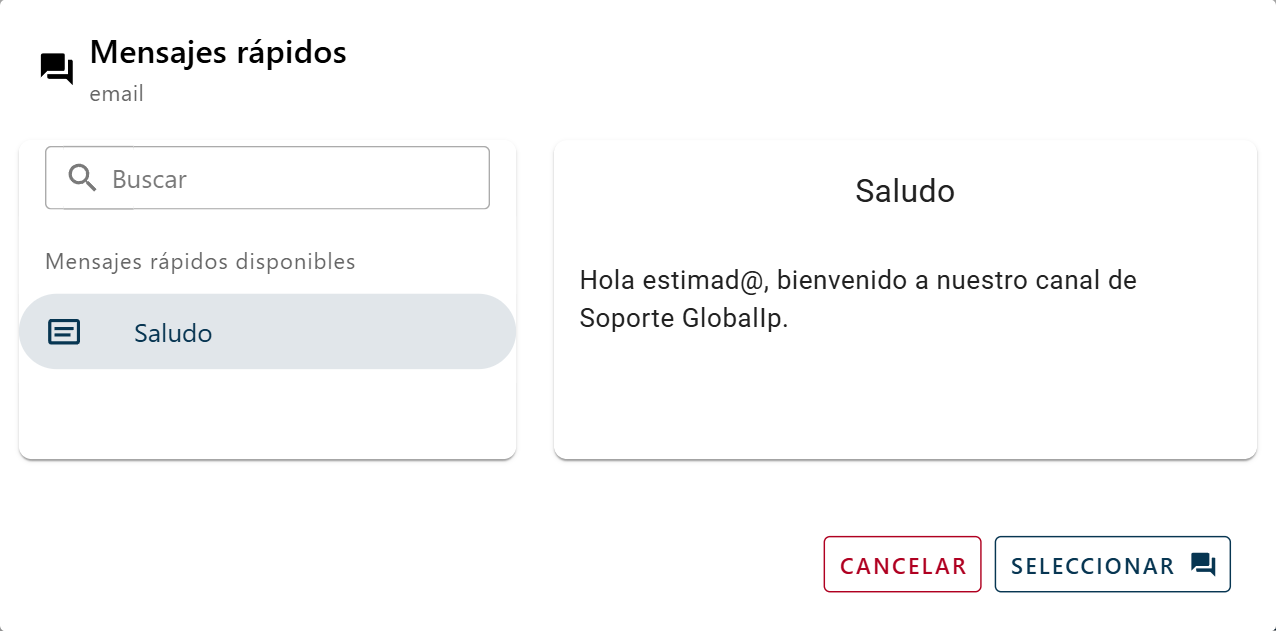 Ventana de selección de Mensajes Rápidos