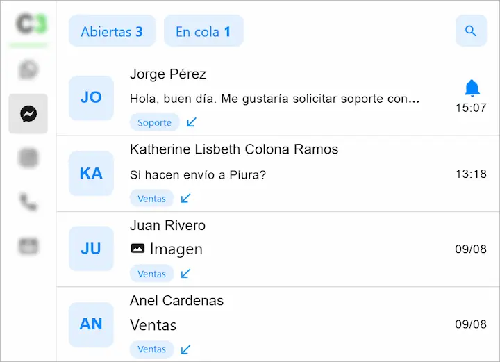 Lista de atenciones abiertas y en cola de Messenger