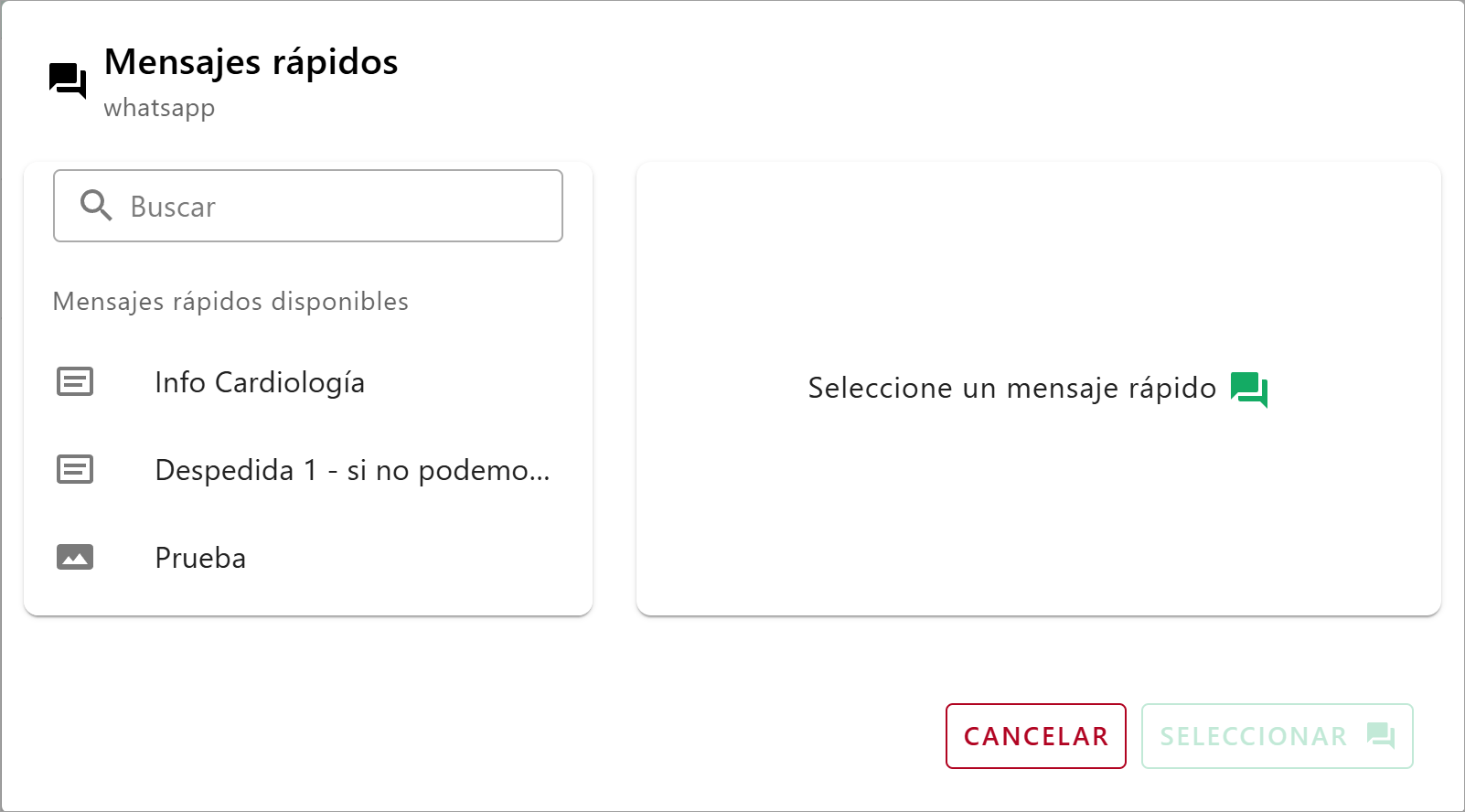Ventana de selección de Mensajes Rápidos para WhatsApp, mostrando una lista de plantillas disponibles