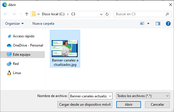 Ventana emergente con la lista de archivos disponibles